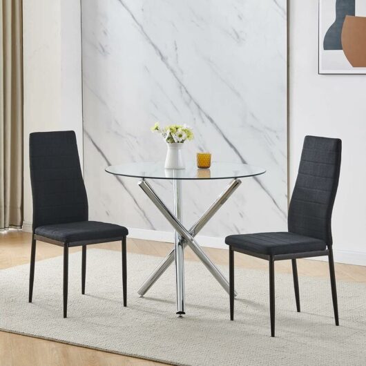 Niceme - 90x90 Round Table and Chairs, Round Glass Table with Chairs, Dining Table Set of 2/4 (Flannel, Black, With 2 Chairs)
