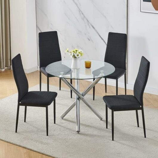 Niceme - 90x90 Round Table and Chairs, Round Glass Table with Chairs, Dining Table Set of 2/4(Linen, Black, With 4 Chairs)
