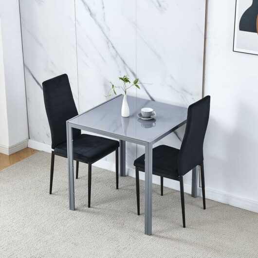 Niceme - Dining Room Set, Grey Glass Dining Table with Chairs, 75x75 cm Square Glass Table and Chairs for Small Room (Table with 2 Chairs, Black