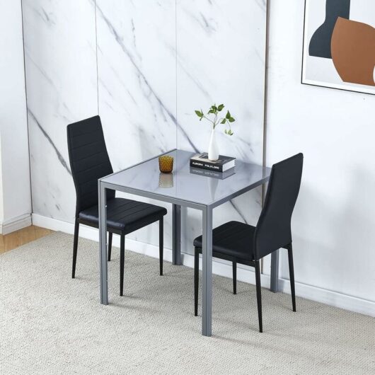 Niceme - Dining Room Set, Grey Glass Dining Table with Chairs, 75x75 cm Square Glass Table and Chairs for Small Room (Table with 2 Chairs, Black Faux