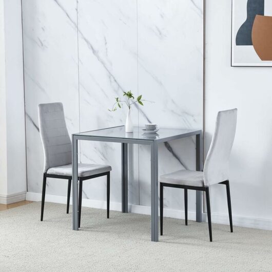 Niceme - Dining Room Set, Grey Glass Dining Table with Chairs, 75x75 cm Square Glass Table and Chairs for Small Room (Table with 2 Chairs, Grey