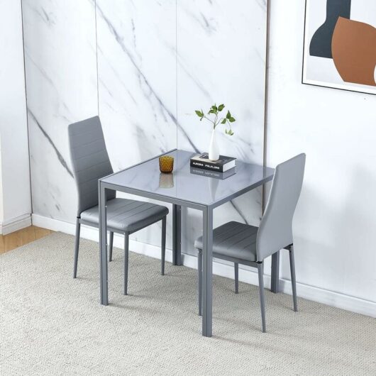 Niceme - Dining Room Set, Grey Glass Dining Table with Chairs, 75x75 cm Square Glass Table and Chairs for Small Room (Table with 2 Chairs, Grey Faux