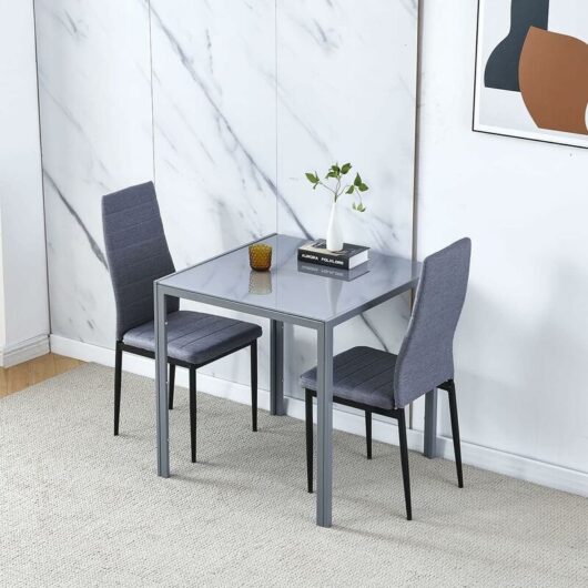 Niceme - Dining Room Set, Grey Glass Dining Table with Chairs, 75x75 cm Square Glass Table and Chairs for Small Room (Table with 2 Chairs, Grey Linen)