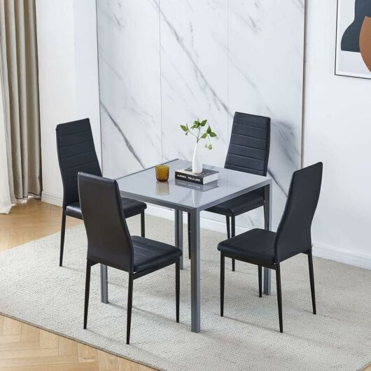 Niceme - Dining Room Set, Grey Glass Dining Table with Chairs, 75x75 cm Square Glass Table and Chairs for Small Room (Table with 4 Chairs, Black Faux