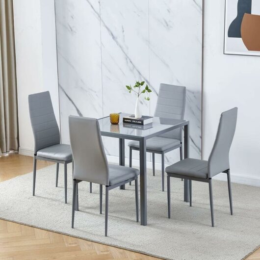 Niceme - Dining Room Set, Grey Glass Dining Table with Chairs, 75x75 cm Square Glass Table and Chairs for Small Room (Table with 4 Chairs, Grey Faux