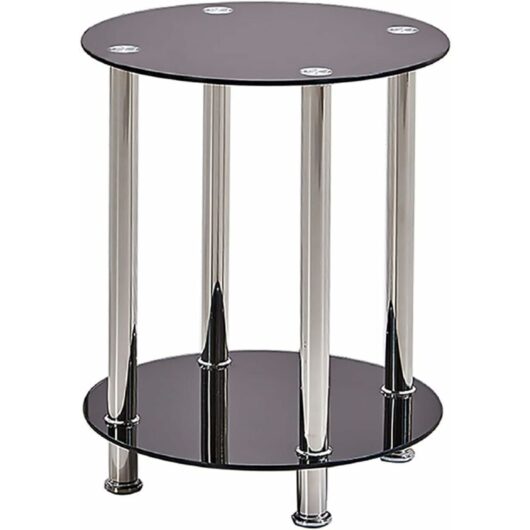 Niceme - Round Side Table, Glass Sofa Side Table for Living Room, 2-Tier Small Coffee Table with Glass Top and Chrome Legs(Black)