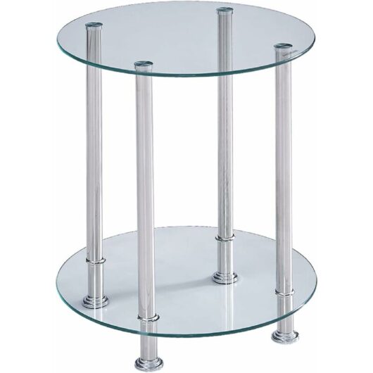 Niceme - Round Side Table, Glass Sofa Side Table for Living Room, 2-Tier Small Coffee Table with Glass Top and Chrome Legs(Clear)
