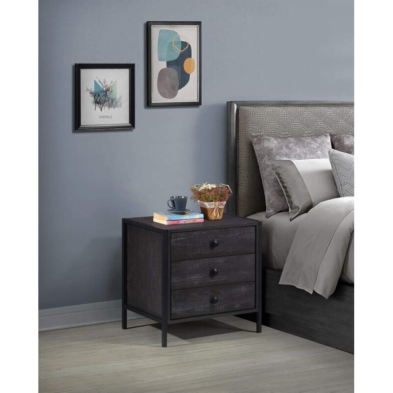 Nightstand With 3 Drawers And Shelves Metal Frame Black Finish