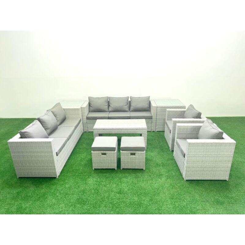Outdoor Garden Furniture Rattan Sofa Set with 2 Armchairs Oblong Coffee Table 2 Small Footstools 2 Side Tables Light Grey Mixed - Fimous
