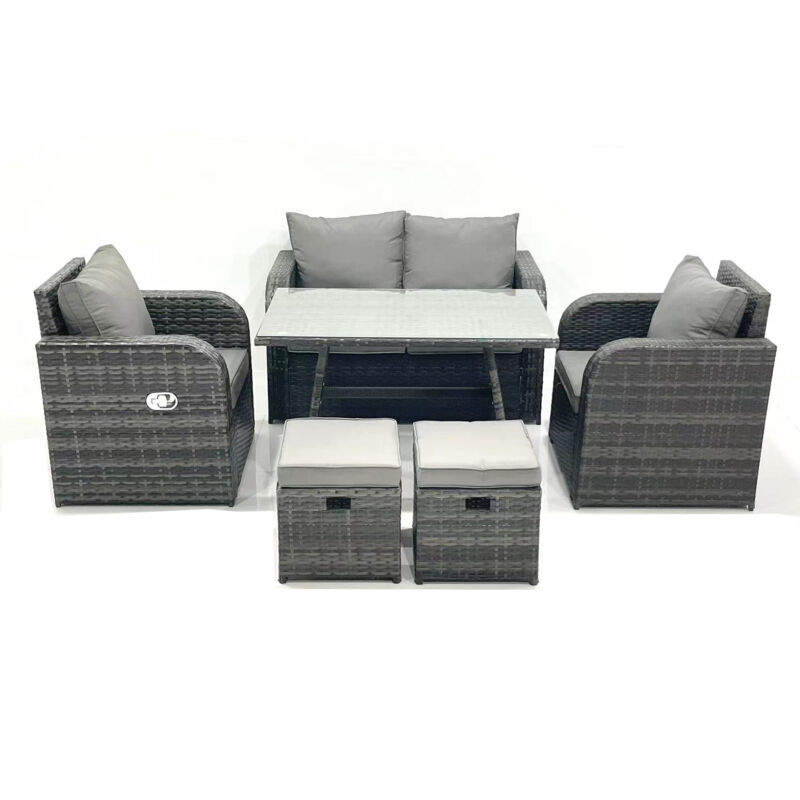 Outdoor Garden Furniture Set Rattan Sofa Dining Table Set with Reclining Chair 2 Small Footstool Dark Grey Mixed - Fimous
