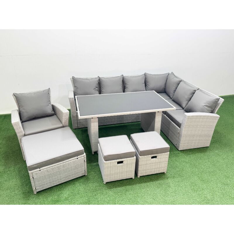 Outdoor Garden Furniture Sets 10 Seater Wicker Rattan Corner Sofa Sets with Rectangular Dining Table Lounge Sofa 3 Footstools Armchair Light Grey