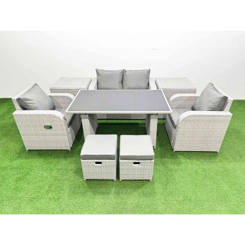Outdoor Rattan Garden Furniture Dining Set 6-seater Patio Rectangular Table Love Sofa Reclining Chair Set with 2 Side Tables 2 Small Stools - Fimous