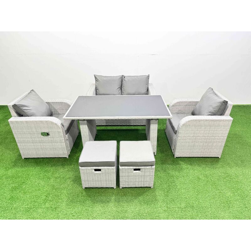 Outdoor Rattan Garden Furniture Dining Set 6-seater Patio Rectangular Table Love Sofa Reclining Chair Set with 2 Small Stools - Fimous
