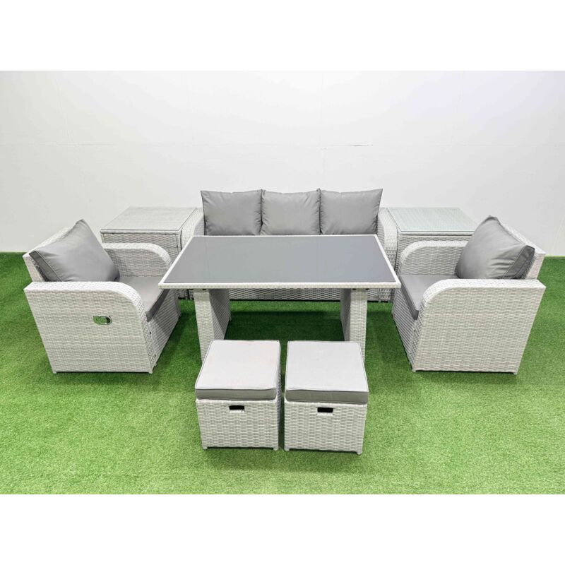 Outdoor Rattan Garden Furniture Dining Set 7-seater Patio Rectangular Table 3 Seater Sofa Reclining Chair Set with 2 Side Tables 2 Small Stools