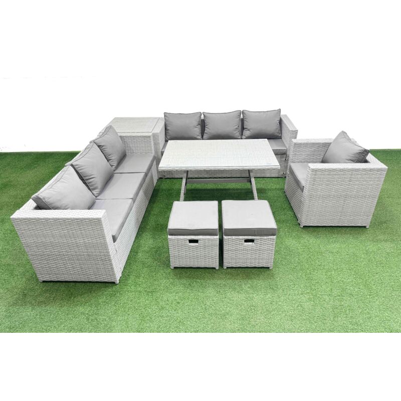 Outdoor Rattan Garden Furniture Dining Set 9-seater Patio Rectangular Table 3 Seater Sofa Armchair Set with Side Table 2 Small Stools - Fimous