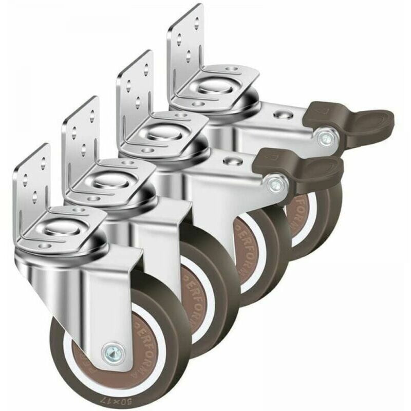 Pack of 50 mm swivel casters, 100 kg furniture casters, L-type furniture casters with brake, 360° rotation, for indoor and outdoor use (2 casters