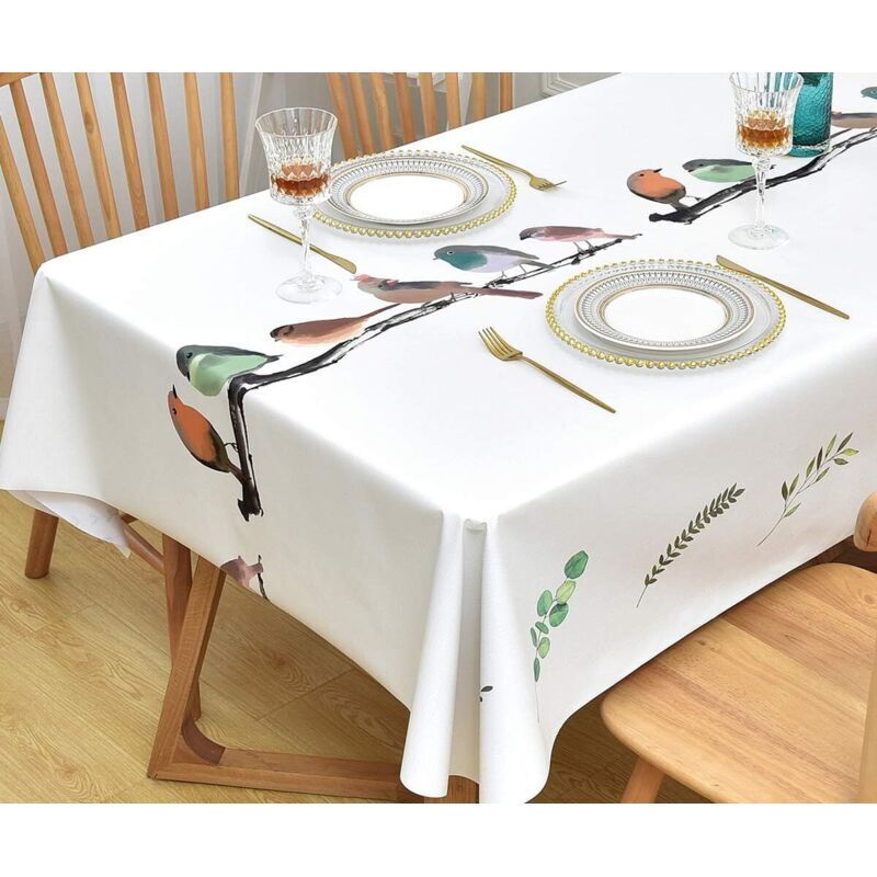 Plastic Tablecloth, PVC Waterproof Stain Resistant Rectangular Tablecloth for Dining Room, Garden, Party, Home (Bird, 137 x 185 cm)