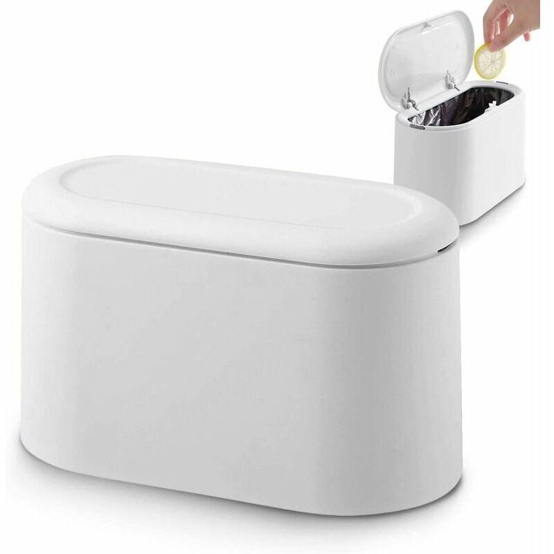 Press Lid Trash Can Rubbish Dustbin Push Trash Can Table White Waste Bin Mini Countertop Wastebasket Small Tabletop Trash Can for Kitchen Bathroom