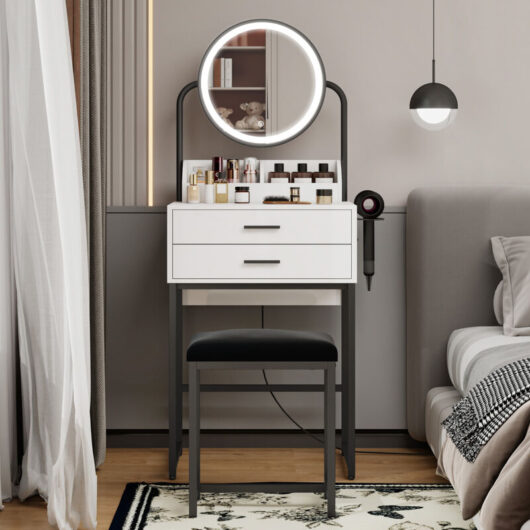 Puluomis - Dressing Table with led Lights, Vanity Table with Adjustable Brightness Mirror, 2 Large Drawers and Hair Dryer Rack, Cushioned Stool,
