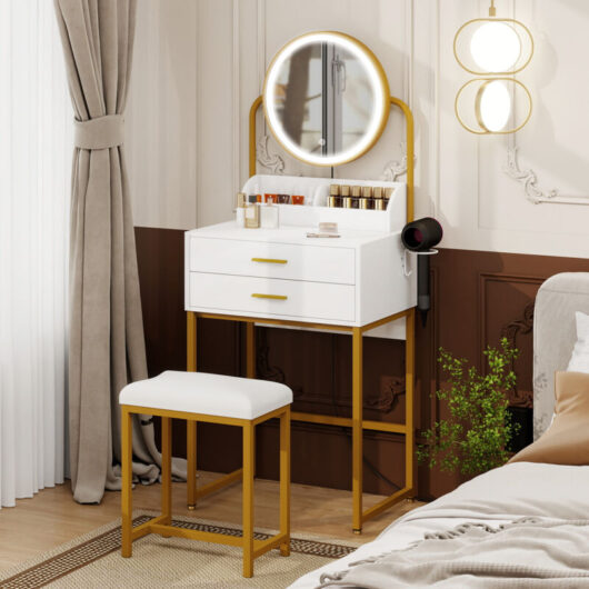 Puluomis - Dressing Table with led Lights, Vanity Table with Adjustable Brightness Mirror, Makeup Desk with 2 Large Drawers and Hair Dryer Rack,