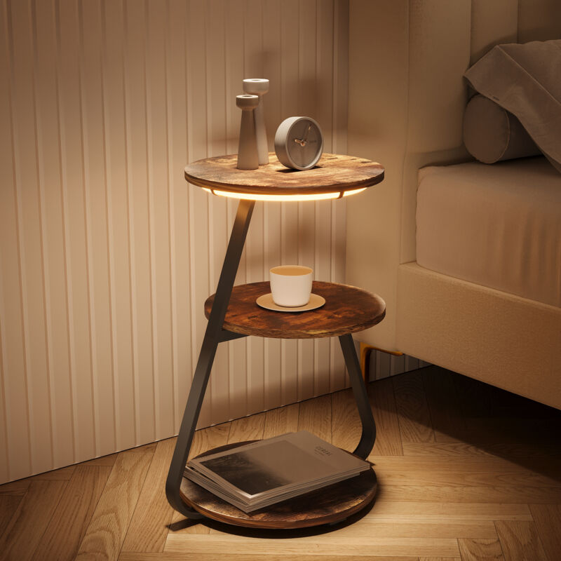 Puluomis Side Table with LED Lighted, Small Sofa Side Table with 3 Tier, Bedside End Table with Storage for Living Bedroom, Brown