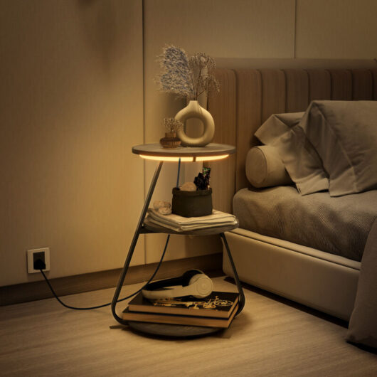 Puluomis - Side Table with led Lighted, Small Sofa Side Table with 3 Tier, Bedside End Table with Storage for Living Bedroom, Grey