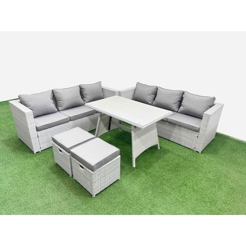 Rattan Garden Furniture Dining Set 8-seater Patio Rectangular Table 3 Seater Sofa Set with 2 Small Stools Light Grey - Fimous