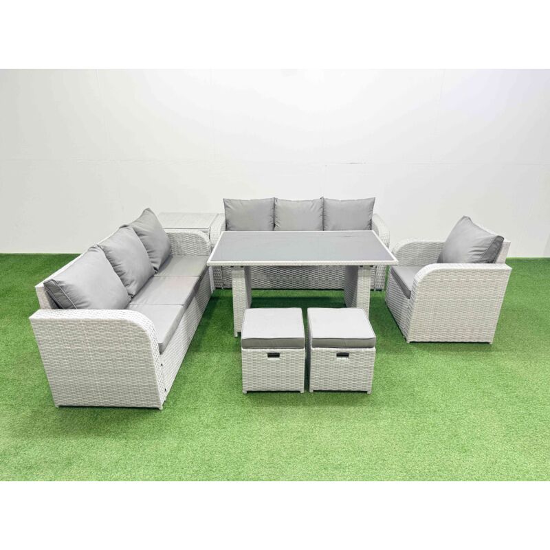 Rattan Garden Furniture Dining Set 9-seater Patio Rectangular Table Sofa Set with Side Table 2 Small Stools Light Grey - Fimous