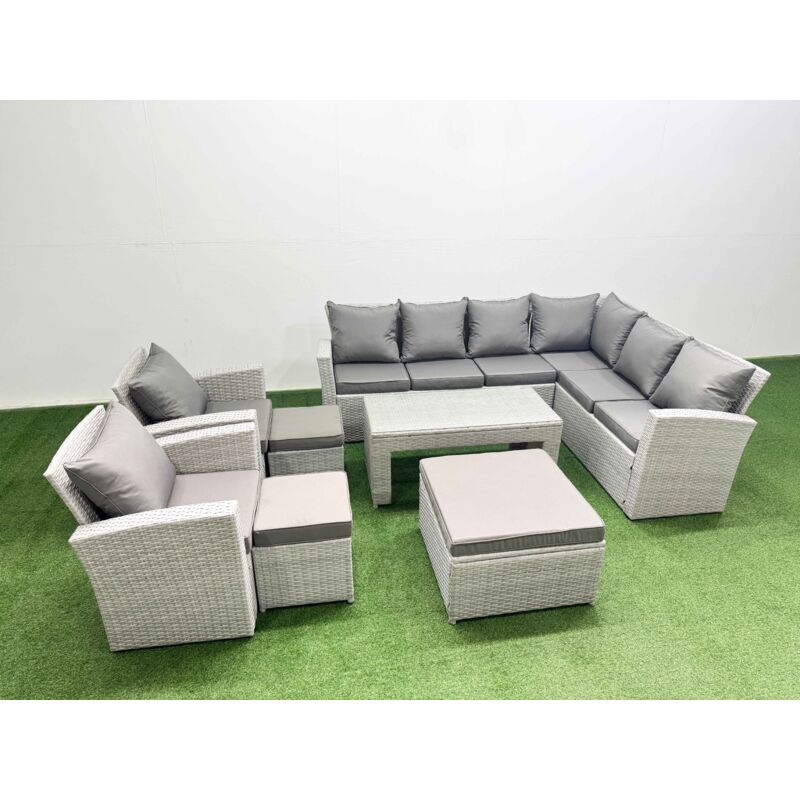 Rattan Garden Furniture Set 8 Pieces Outdoor Garden Sofa Oblong Coffee Table Set with 2 Chairs 3 Footstools Light Grey Mixed - Fimous