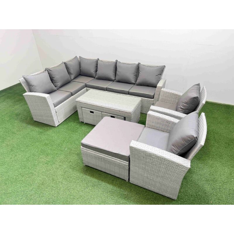 Rattan Garden Furniture Set Outdoor 11 Seater Corner Sofa Sets with Oblong Coffee Table Chair 3 Footstools Light Grey Mixed - Fimous