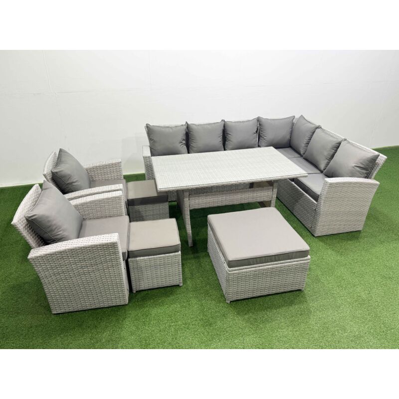 Rattan Garden Furniture Set Outdoor 11 Seater Patio Dining Corner Sofa Sets with Dining Table Chair 3 Footstools Light Grey Mixed - Fimous