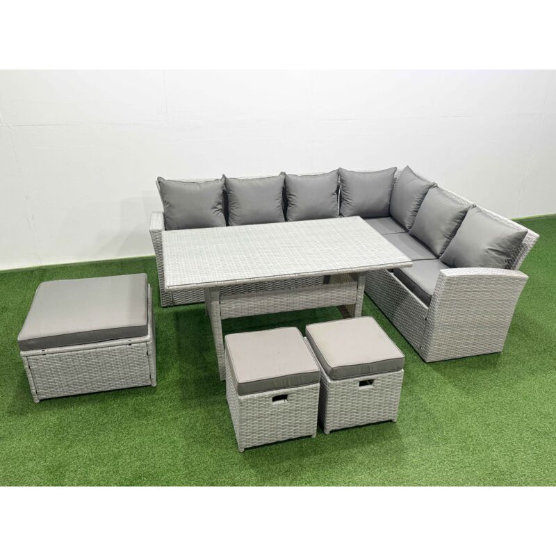 Rattan Garden Furniture Set Outdoor 9 Seater Patio Dining Corner Sofa Sets with Dining Table 3 Footstools Light Grey Mixed - Fimous