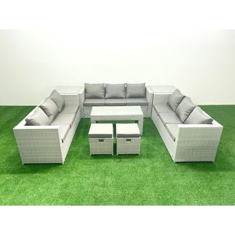 Rattan Garden Outdoor Furniture Set 11 Seater Garden Sofa Oblong Coffee Table Set with 2 Small Footstool 2 Side Tables Light Grey Mixed - Fimous
