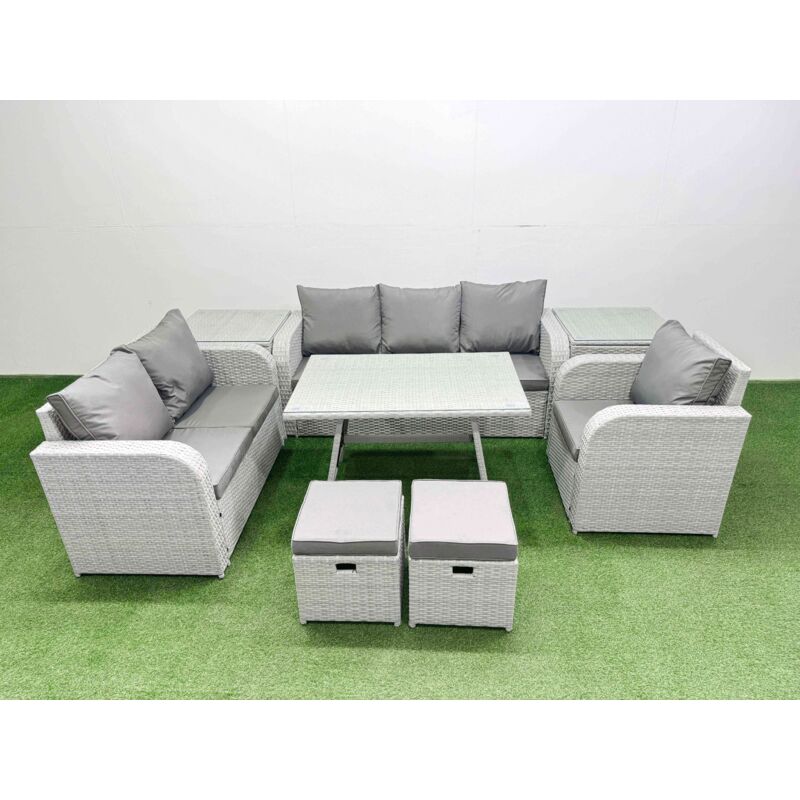 Rattan High Back Lounge Sofa Set Patio Dining Table & Chairs Set with 3 Seater Sofa Reclining Chair 2 Side Tables 2 Small Stool Light Grey - Fimous