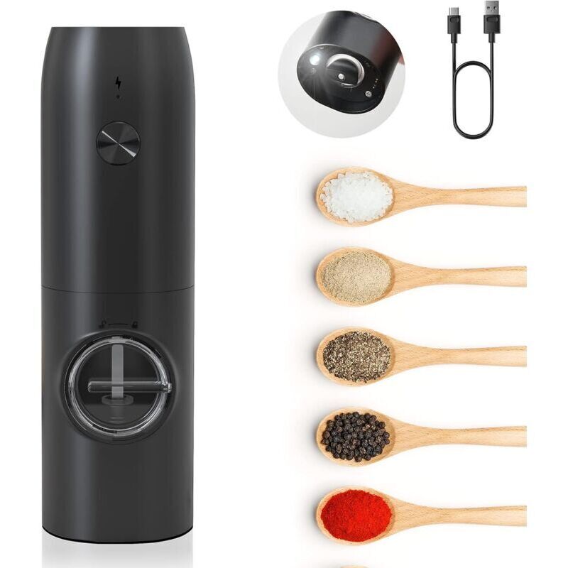 Rechargeable Electric Pepper Mill, Automatic Salt and Pepper Mill with White LED Light, Adjustable Grind, One-Hand Operation, Ideal for Kitchen,