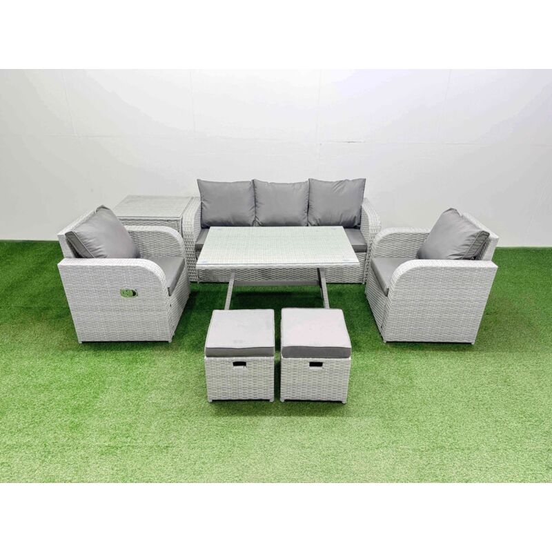 Reclining Chair 3 Seat Sofa Set Garden Furniture Set with Rectangular Dining Table Side Table 2 Small Footstools Light Grey - Fimous