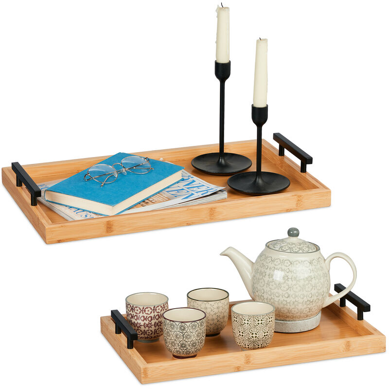 Relaxdays 2x Serving Trays, Various Sizes, Breakfast in Bed Tablet, with Handles, Bamboo, Snacks, Coffee & Tea, Natural
