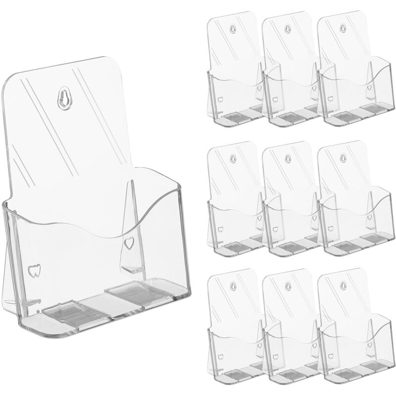Relaxdays - Brochure Stand, A5, Set of 10, Acrylic, Brochure Holder for Table & Wall, hbt: 20 x 17.5 x 8.5 cm, Transparent