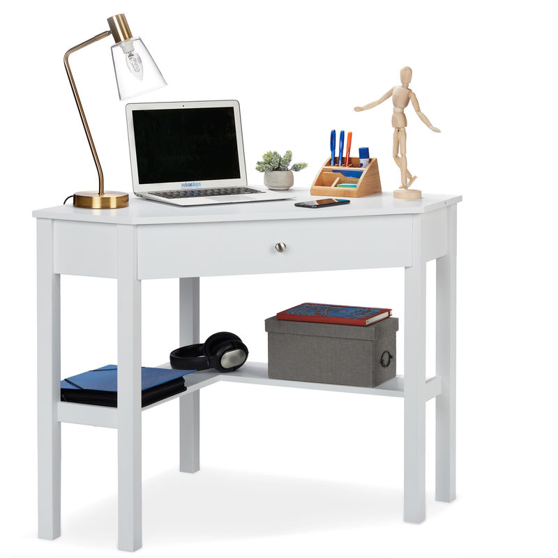 Relaxdays - Corner Work Desk, Tier & Drawer, Compact, Home Office, Study, Country House Style, HxBxT: 76x107x72 cm White