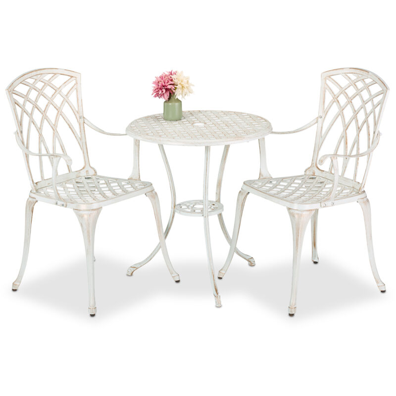 Relaxdays Garden Bistro Set, 3-Piece, Table & 2 Chairs, Antique Design, Patio Furniture, Outdoor Dining, White/Bronze