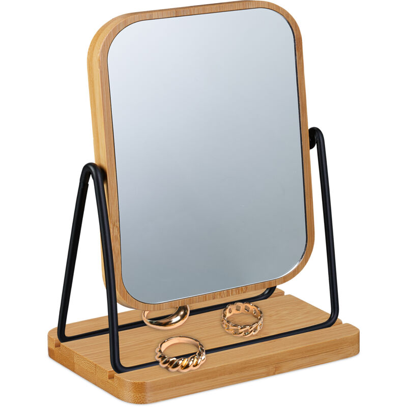 Relaxdays Makeup Mirror, 360° Rotatable, 18 x 12 cm, Bamboo Frame, Metal Stand, Dressing Table, Vanity, Natural/Black