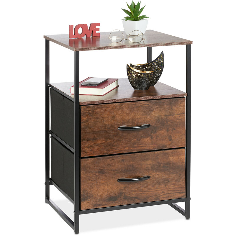 Relaxdays Night Stand, Side Table, 2 Drawers, H x W x D: approx. 70 x 45 x 40 cm, Metal & MDF, Black/Brown