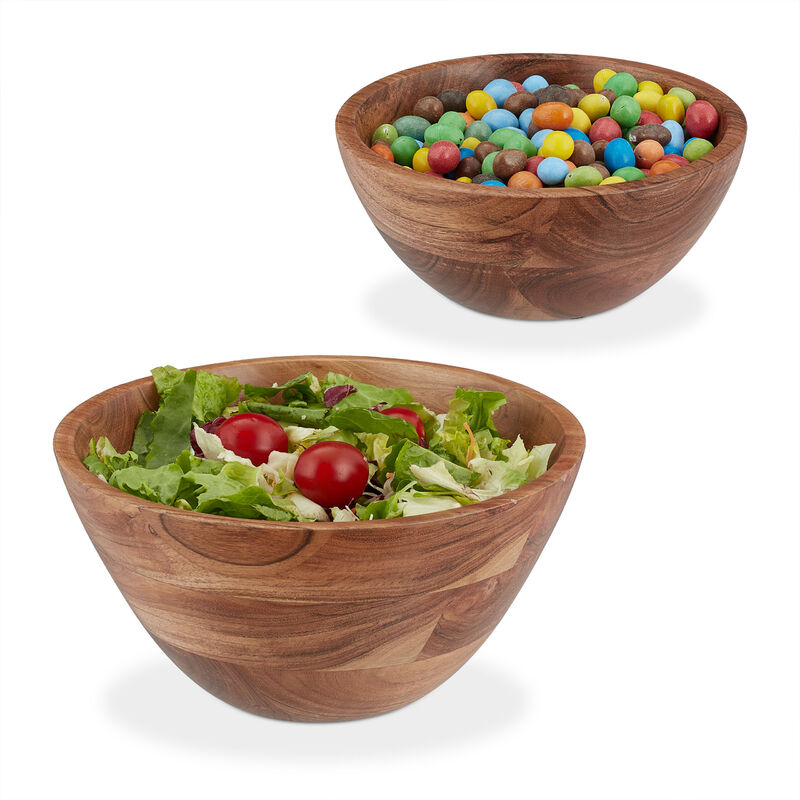Relaxdays - Salad Bowl, Set of 2, Acacia Wood, ø 19 & 25 cm, Round Serving Bowls, Snacks, Fruit, Kitchen, Decor, Brown
