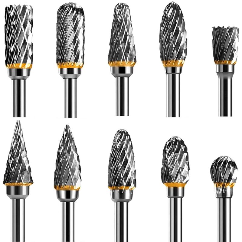 Rotary Burr Set Tungsten Carbide Steel Double Edged for Rotary Tool, 10pcs 1/8" Shank for Rotary Tool for DIY, Wood Carving, Metal Polishing, -