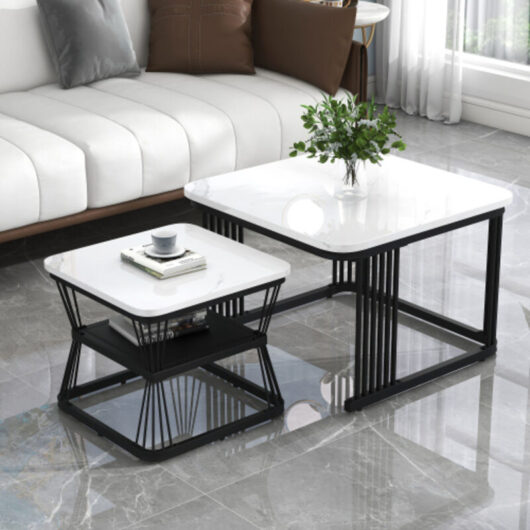 Set of 2 Modern Side Tables - MDF Marble Effect, Structure in Black and Glossy White Steel Tube, Nesting Tables 65×65×45 cm & 45×45×39.5 cm