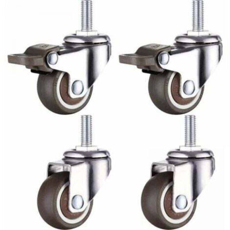 Set of 4 small furniture casters - 25 mm - Soft rubber type - M6 x 15 mm - Thread (2 pieces with brake) (25 mm)