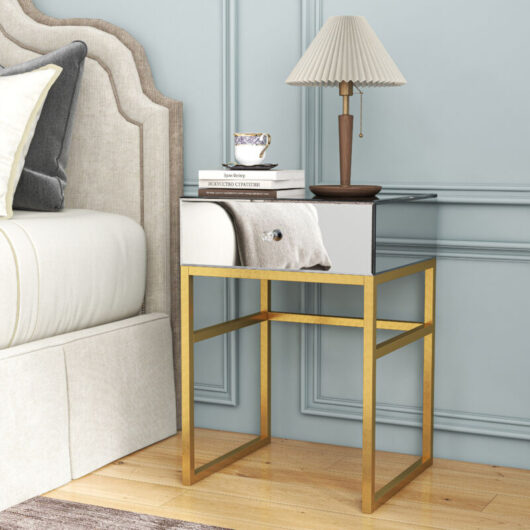 Shyfoy - Table de chevet avec structure en métal doré et surface miroir, design moderne et élégant pour chambre