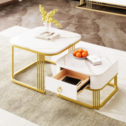 Stackable Coffee Tables - High-Gloss Marble Effect with Gold Accents, Side Tables with Drawers, Set of 2