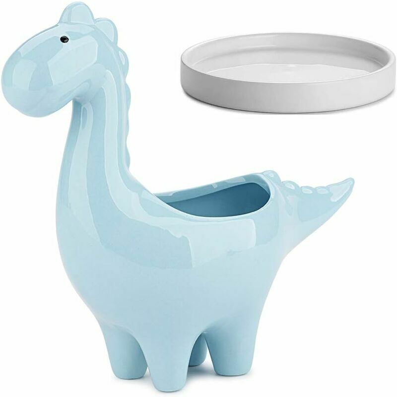 Succulent Pots with Drainage Tray 7 Inch Dinosaur Glazed White Ceramic Pot for Indoor Succulent Planters Cactus Decor, blue