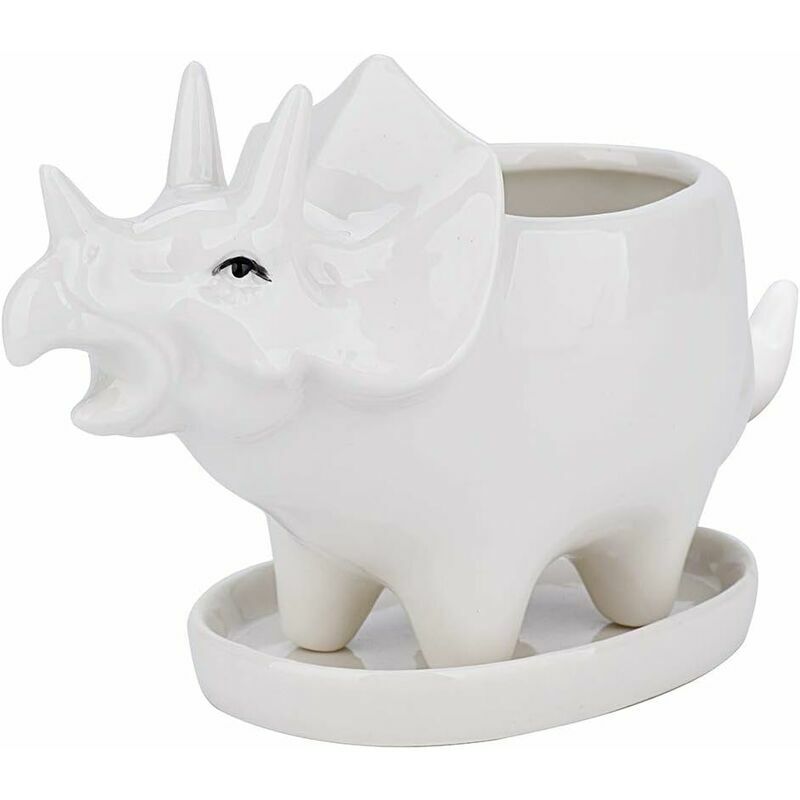 Succulent Pots with Drainage Tray 7 Inch Glazed White Ceramic Triceratops Pot for Indoor Succulent Planters Home Office Cactus Decor